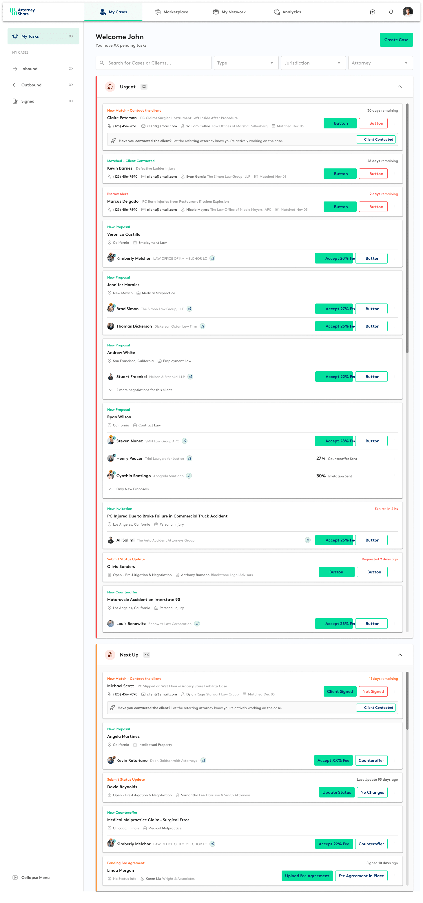 Attorney Share tasks dashboard showing daily workflow