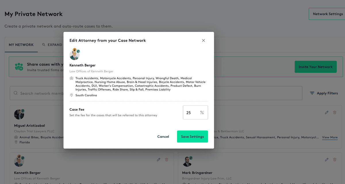 Attorney Share Add to Network modal showing co-counsel fee percentage configuration