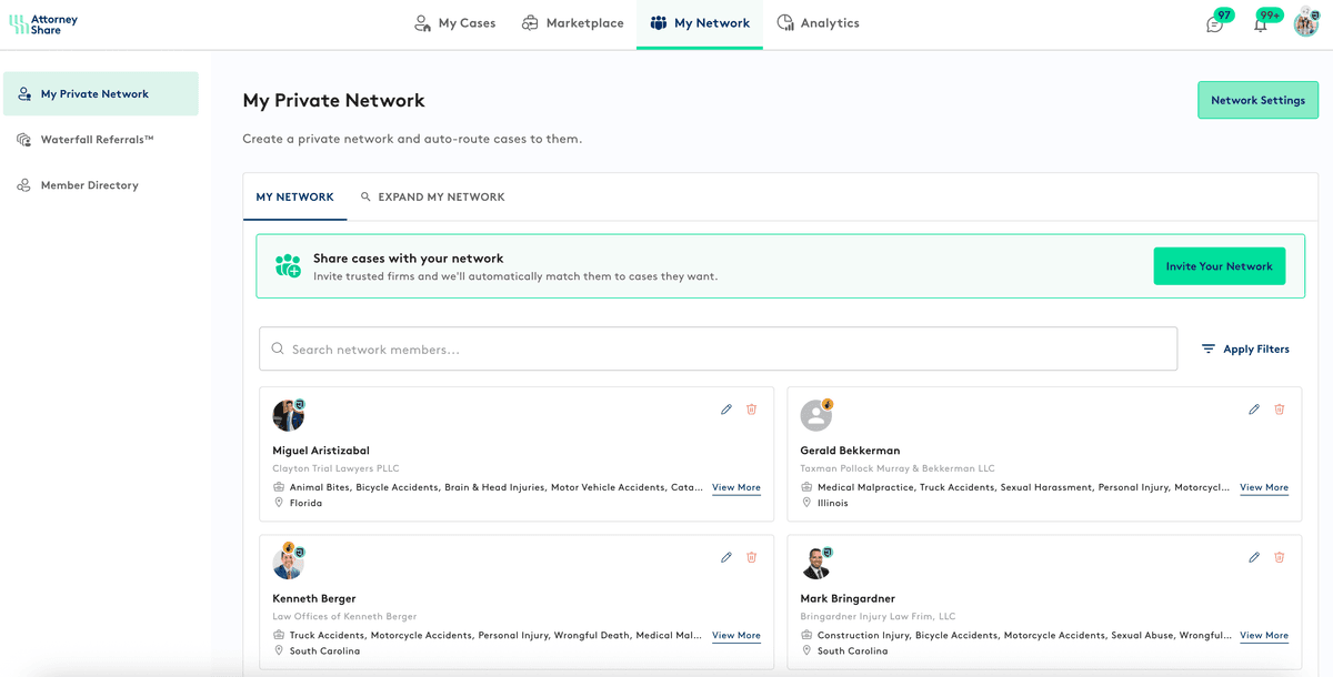 Attorney Share My Private Network screen showing co-counsel partners